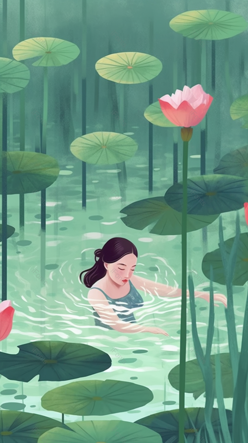 在荷花塘里的女生,插画/手绘图,插画/手绘图库,插画/手绘图下载,插画/手绘